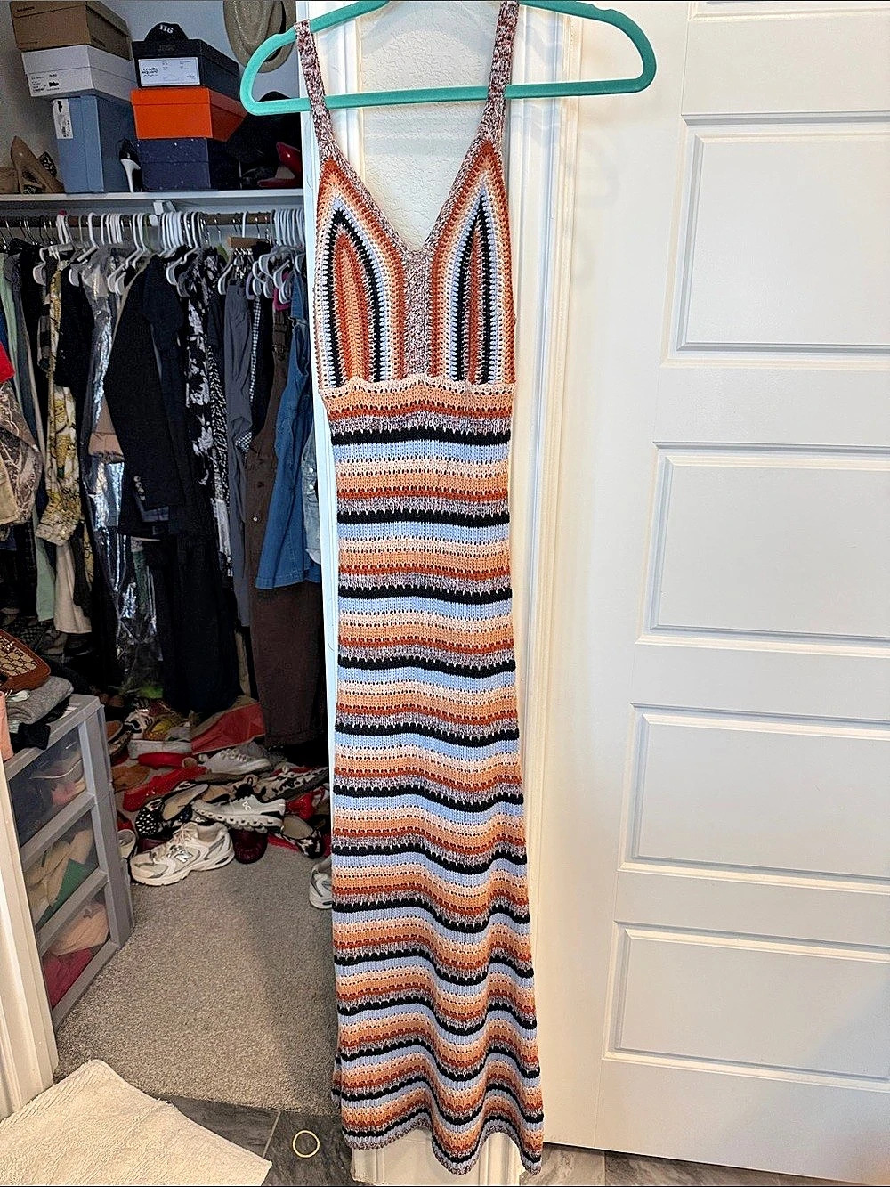 Sam Edelman Striped Crochet Knit Maxi Dress Brown & Blue Large